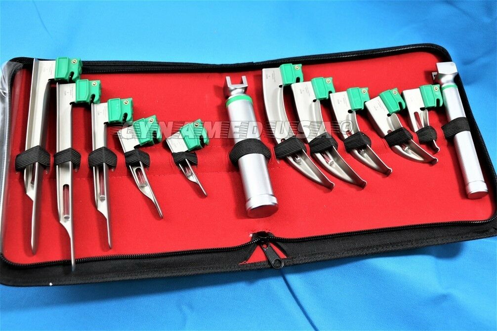 SET OF 10 FIBER OPTIC MAC & MILLER LARYNGOSCOPE BLADE+2 HANDLE INTUBATON kit