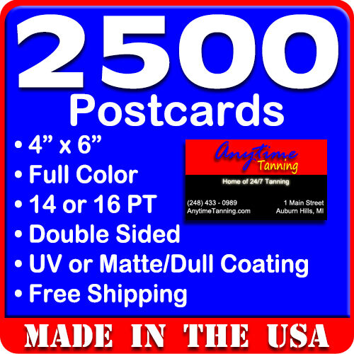 2500 Custom Full Color 4x6 Postcards w/UV Glossy - Real Printing - Free Shipping
