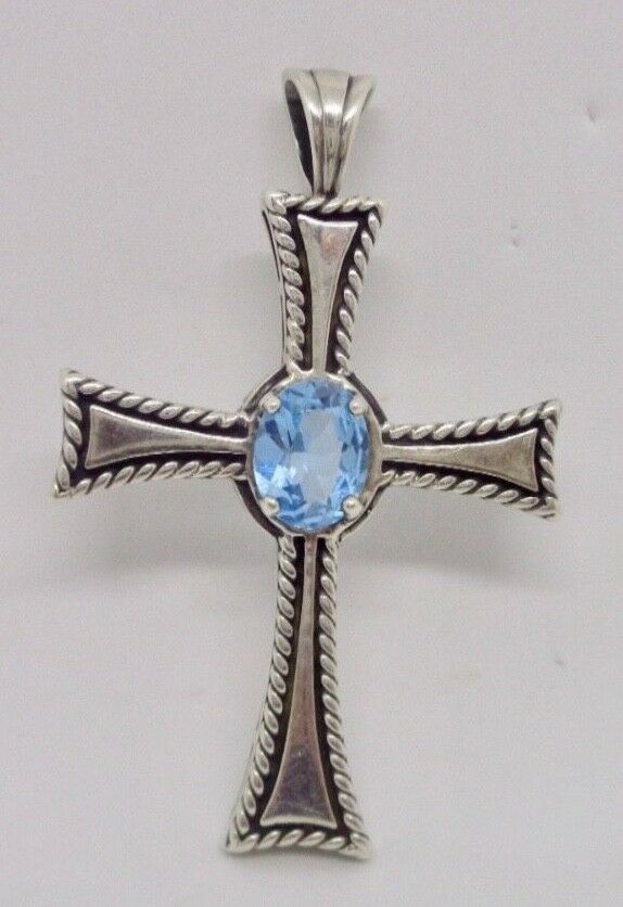 Signed Kabana Sterling Silver 3.5 ctw Blue Topaz Large Cross Pendant