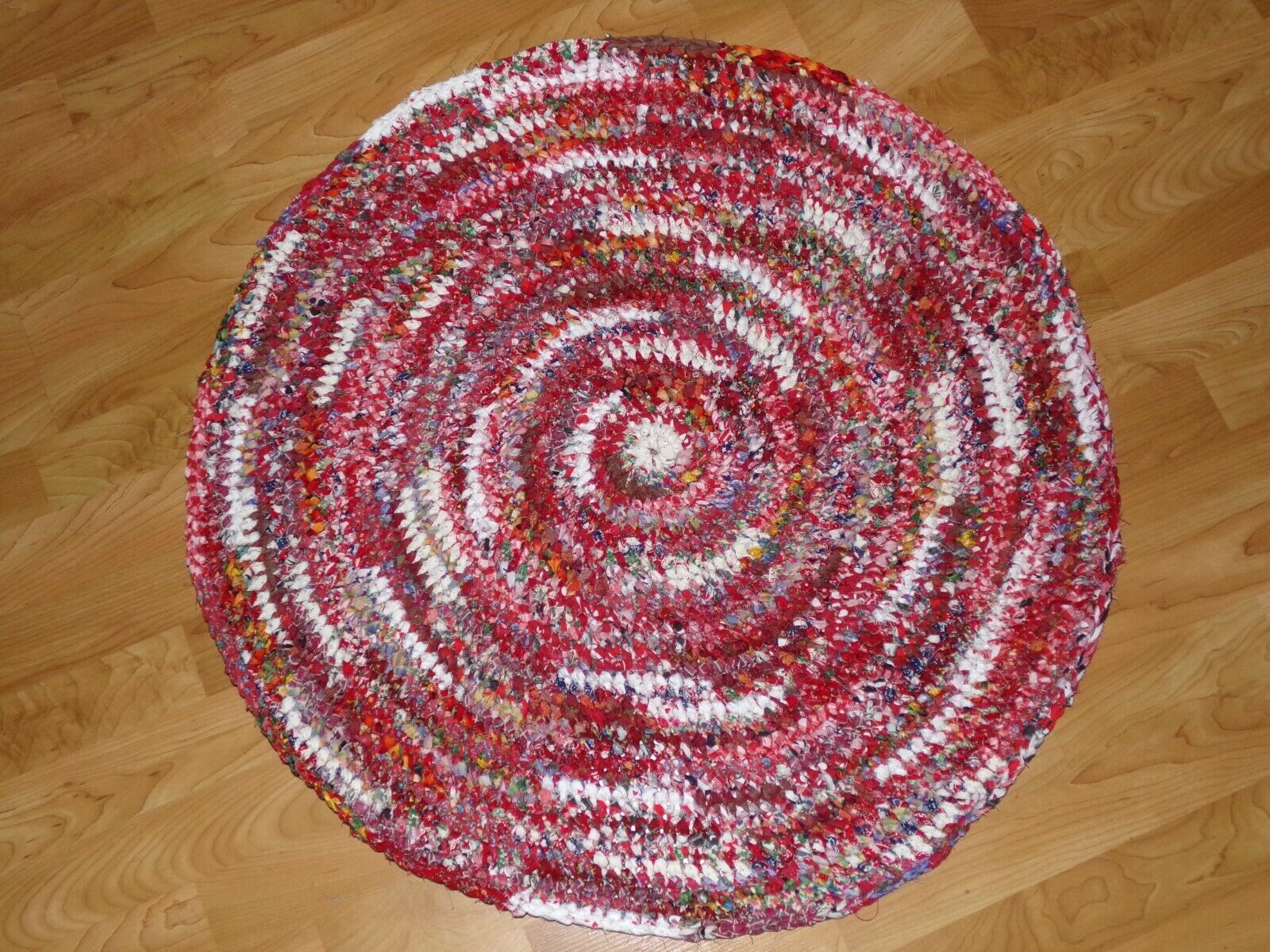 31"  Across, Red Multi-colored Round Crocheted Rag Rug, Handmade, Very Durable