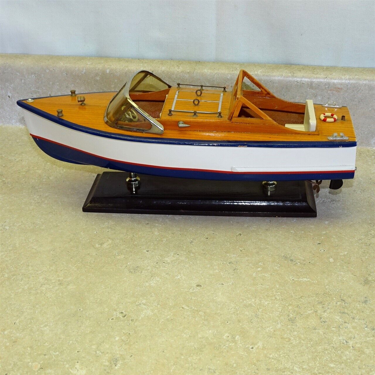 Vintage Chris Craft Wooden Boat On Stand, Model Kit, Display, Runabout Speed