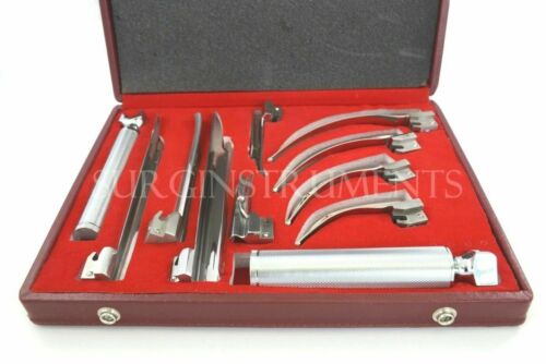 Laryngoscope Mac + Miller Set Of 9 Blades & 2 Handles Emt Anesthesia Intubation