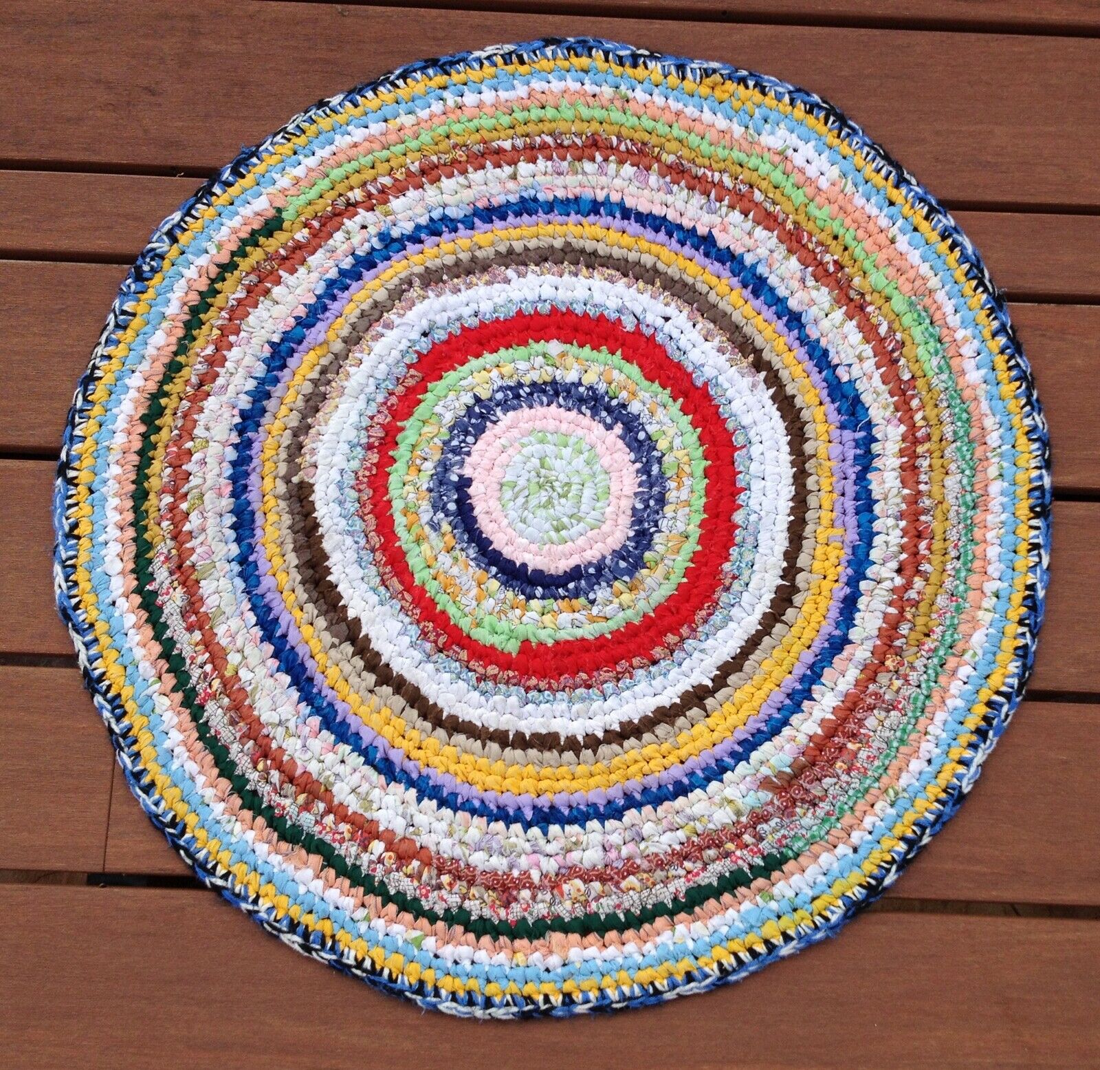 Handmade Crochet Round Rag Rug Brights Multi Primitive Floor Decor Patchwork 28"