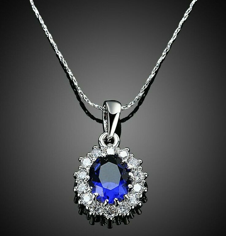 5 CT Blue Sapphire Gemstone Pendant Necklace in 18K White Gold 18