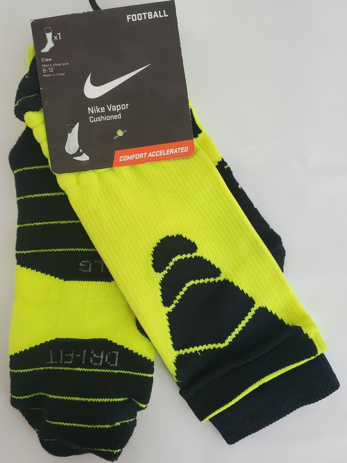 1pair Nike Dri Fit Mens 8-12 Vapor Cushioned Yellow & Black Football Crew Socks