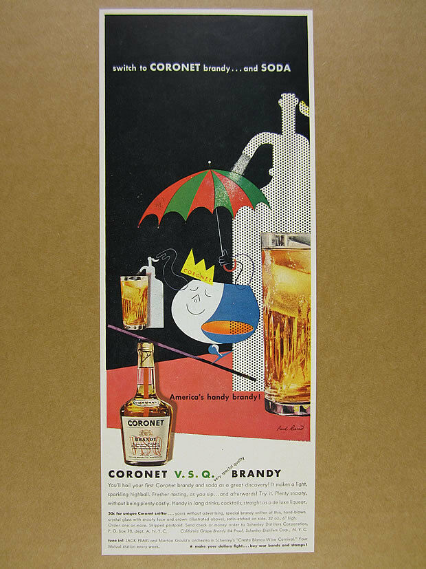 1943 Paul Rand Snifter Umbrella Soda Siphon Design Art Coronet Brandy Vintage Ad