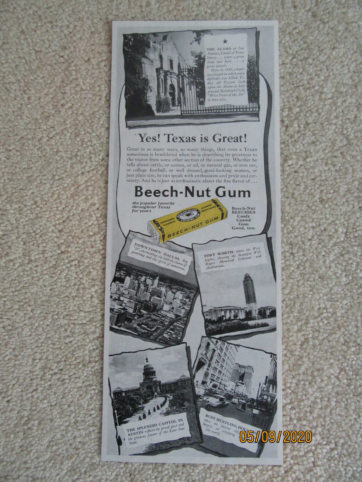 1948 Original Ad - Beech-nut Chewing Gum - Dallas, The Alamo, Fort Worth, Texas