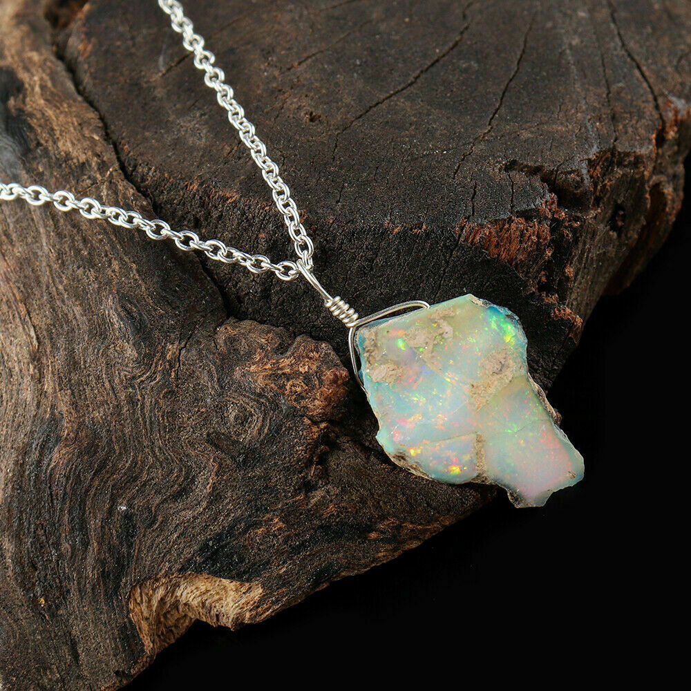 Natural Ethiopian Opal Necklace Sterling Silver Jewelry Healing Gemstone Women