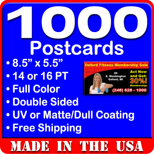 1000 Custom Full Color 8.5x5.5 Postcards w/UV Glossy - Real Printing Free Design
