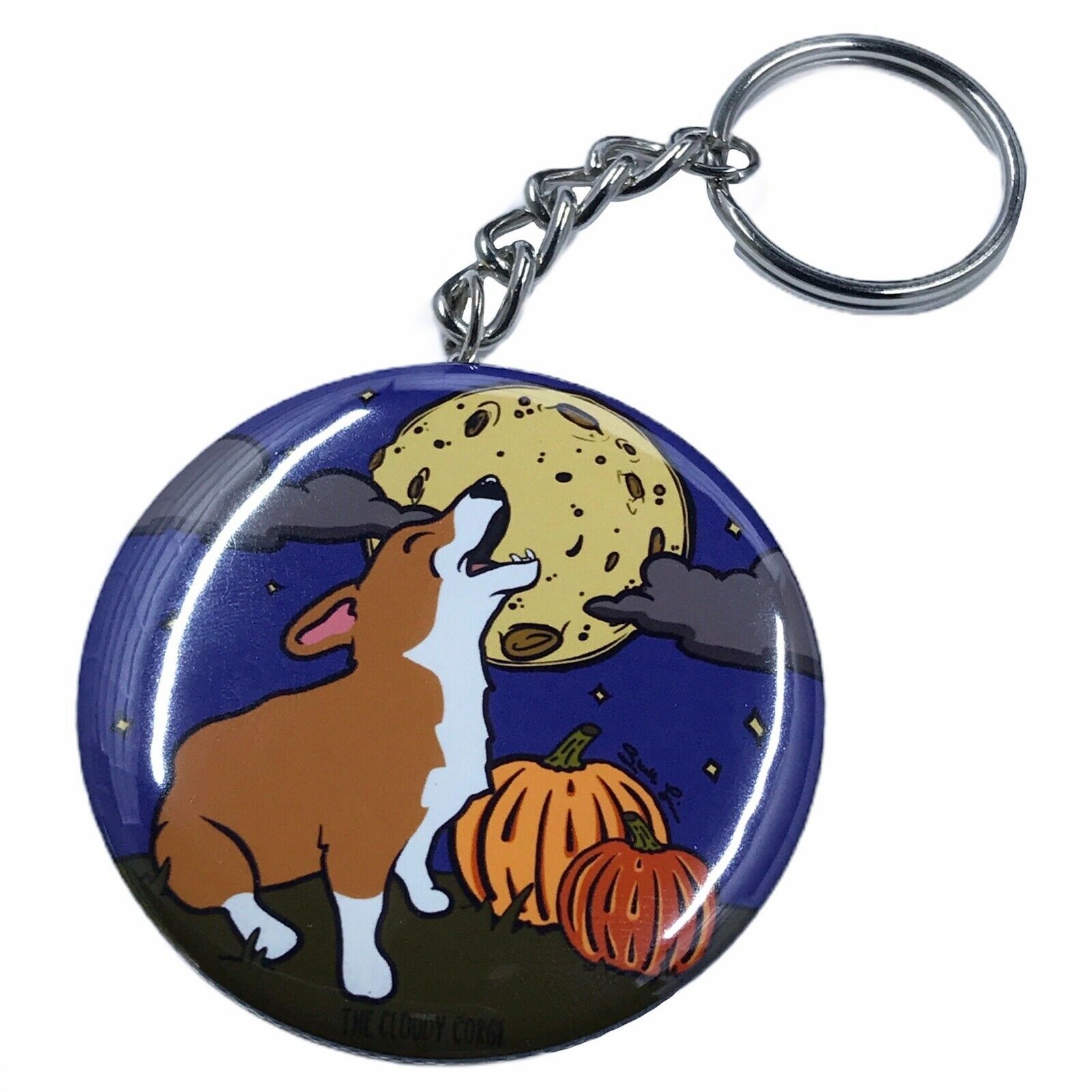 Corgi Dog Howling At The Moon Keychain Funny Halloween Key Ring Accessories