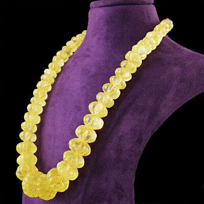 994.50 Cts Yellow Citrine Round Carved Beads Long 20 Inch Necklace (dg)