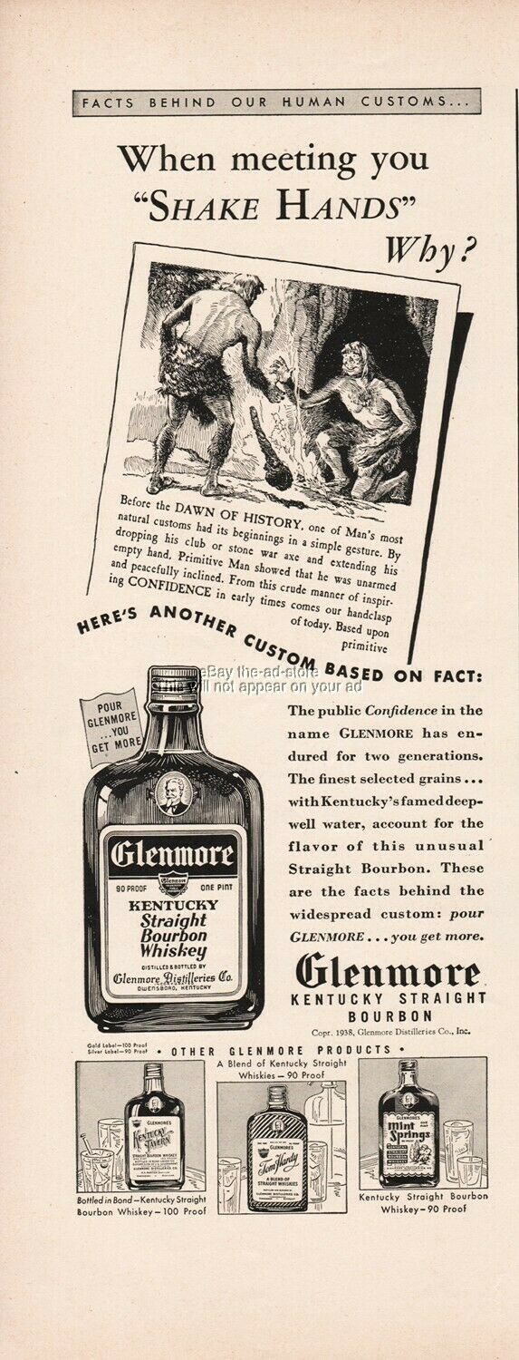 1938 Glenmore Bourbon Whiskey Owensboro Kentucky Primitive Man Shake Hands Ad