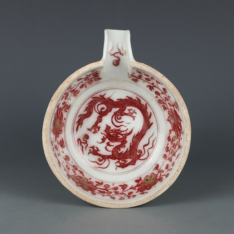 5.9" China Antique Old Underglaze Red Dragon Pattern Porcelain Brush Washer