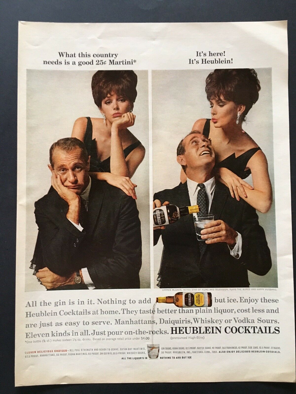 1963 Heublein Cocktails Ad Darren Mcgavin Plays The Bored And Then Happy Husband