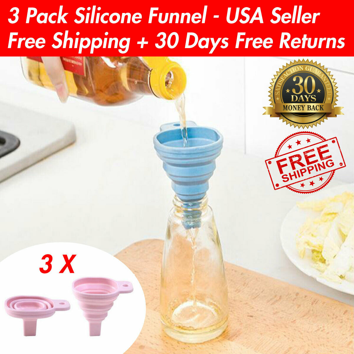 Silicone Funnel Collapsible Foldable Heat Resistant Oil Water Liquid Hopper 3pk